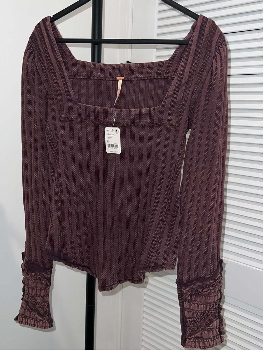 Free People Mauve Striped Square Neck Long Sleeve Top